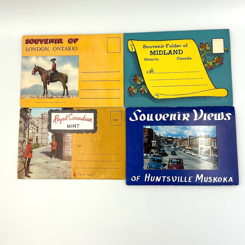 4 Vtg 1950s Souvenir Foldout Postcards London Midland Huntsville Muskoka Canada